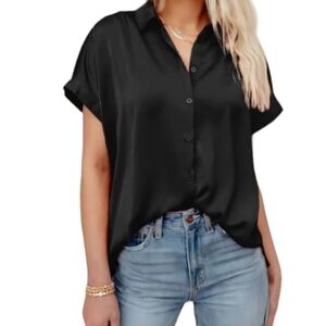 Pausus Sheer Black Button Down Short Sleeve Office Blouse